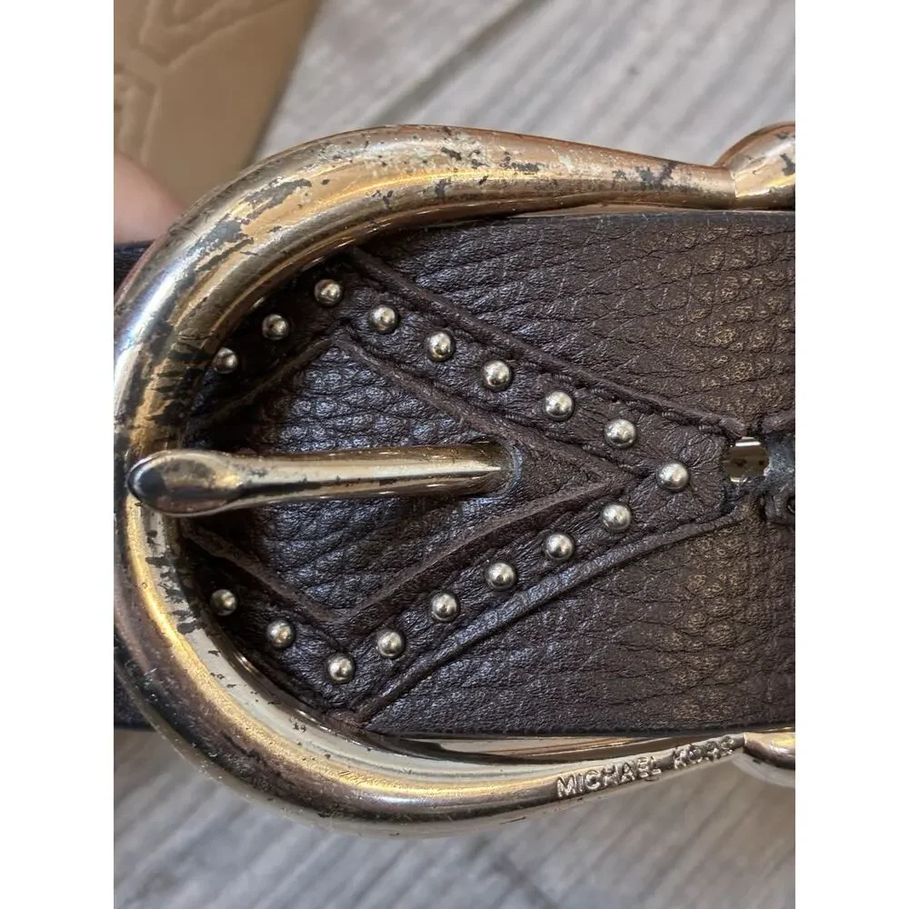 Vintage Y2K Michael Kors Studded Leather Belt Diamond Cutout Brown Silver Size L